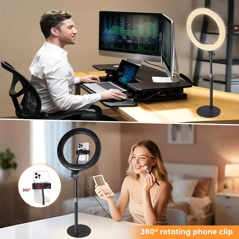Desk Ring Light with Telescopic Stand, 3 Light Modes 10in ring lamp with Phone Holder for Phone Selfie Laptop Zoom Video Calls Makeup Live Streaming