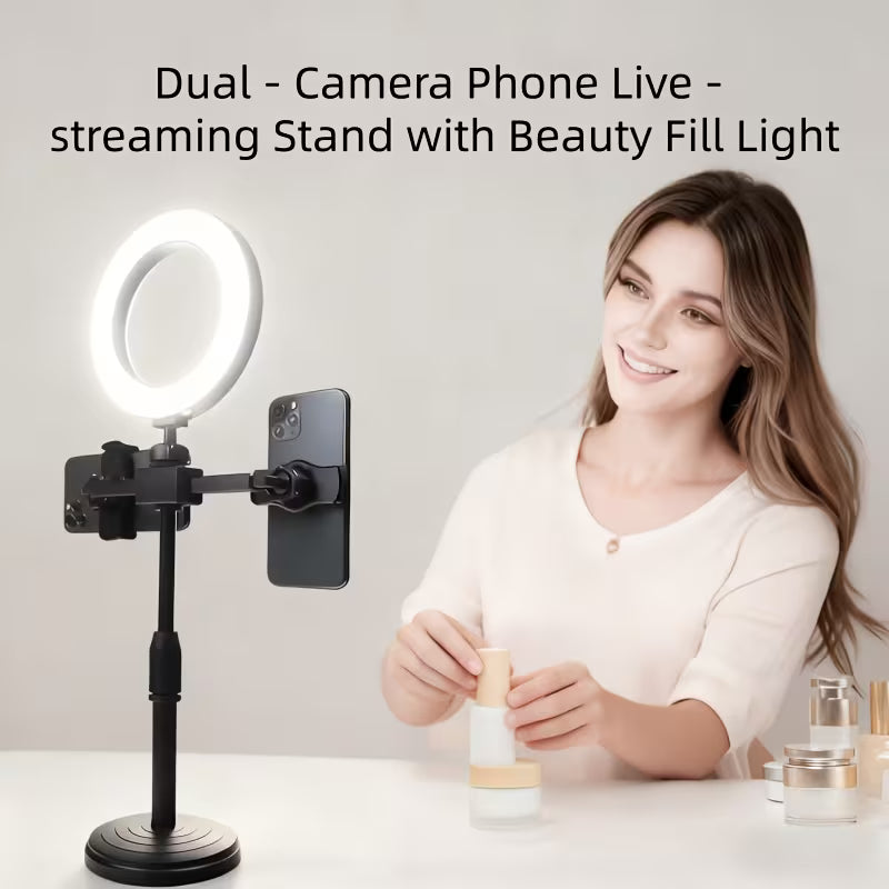 Universal 360° Rotatable Live Streaming Phone Stand with Dual - Clip Adapter, Dual Camera Setup & Beauty Fill Light, Youtube Streaming, Content Creation, Adjustable Stand, Modern Accessory, Highquality Materials, Durable Clip, Phone Mount