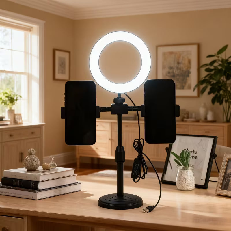 Universal 360° Rotatable Live Streaming Phone Stand with Dual - Clip Adapter, Dual Camera Setup & Beauty Fill Light, Youtube Streaming, Content Creation, Adjustable Stand, Modern Accessory, Highquality Materials, Durable Clip, Phone Mount