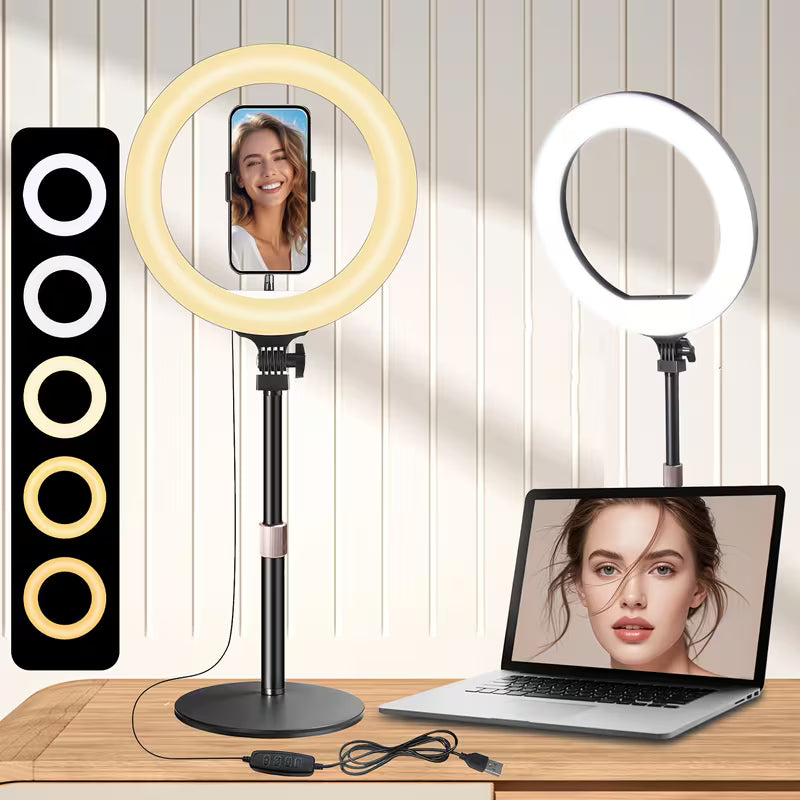 Desk Ring Light with Telescopic Stand, 3 Light Modes 10in ring lamp with Phone Holder for Phone Selfie Laptop Zoom Video Calls Makeup Live Streaming